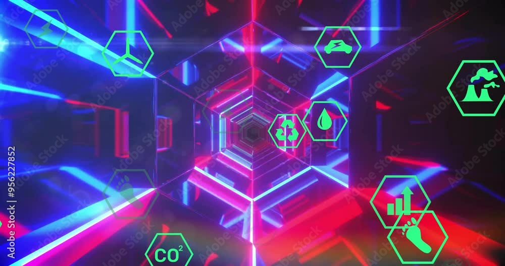 Poster hexagonal icons with environmental symbols over neon tunnel animation
