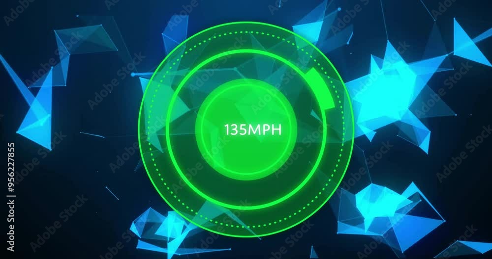 Poster speedometer showing 85 mph with geometric shapes animation in background
