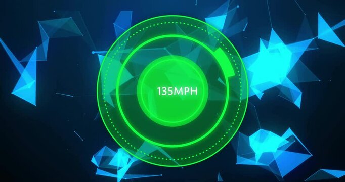 Speedometer showing 85 MPH with geometric shapes animation in background