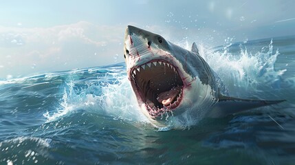 Obraz premium Great white shark with open mouth Great White Shark Carcharodon carcharias in ocean water an attack Hunting of a Great White Shark South Africa