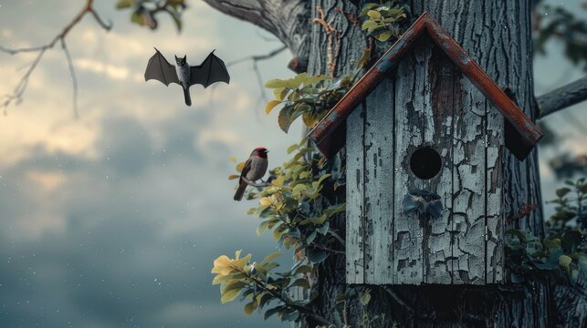 Bird and bat house on the tree