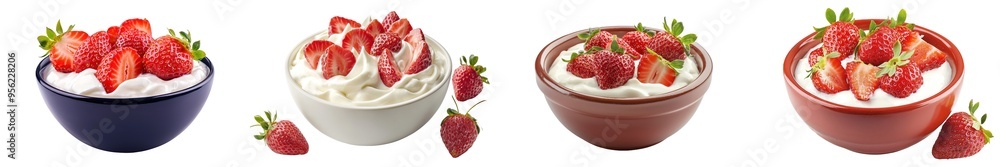 Poster The strawberry is isolated on white background with sour cream and yogurt. The clipping path is full depth of field.