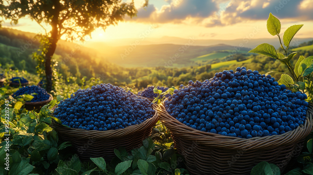 Wall mural sunlit blueberry baskets filled with ripe berries in a lush orchard during the golden hour of late a