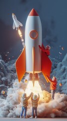 3d rendering rocket launching flying with engineering people, concept of launching a product or future technology, vertical wallpaper
