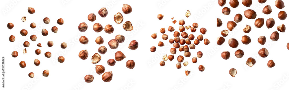 Poster a falling hazelnut with its peel peeled, isolated on white background, clipped with a clipping path,