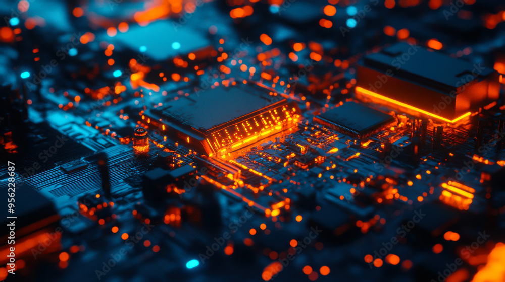 Poster vibrant close-up of a futuristic microchip illuminated by glowing circuits against a dark background