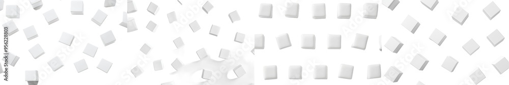 Poster the greek cheese cubes of feta fall from the sky over a white background; selective focus is used to