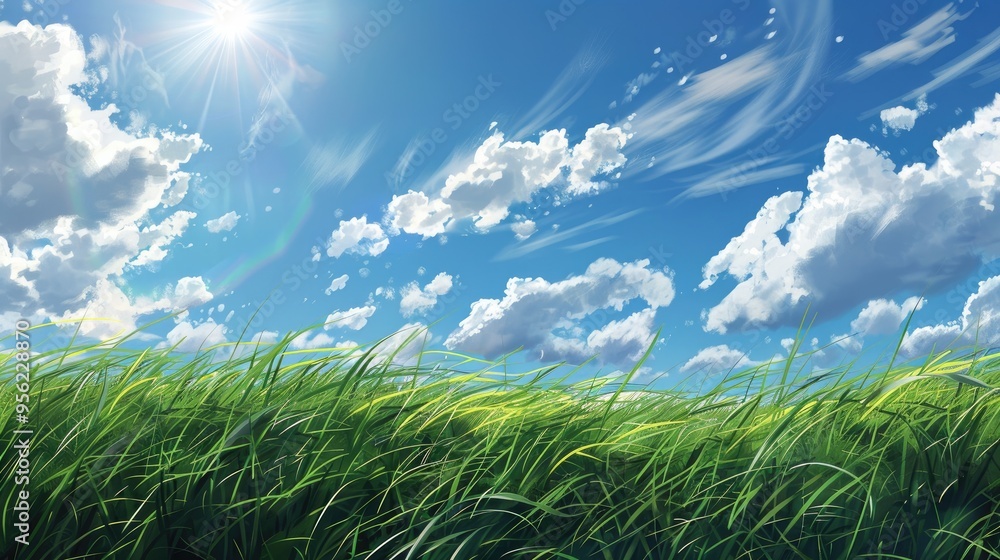 Poster A wide open field of tall green grass under a blue sky with white clouds The sun shines brightly creating a sense of peace and tranquility