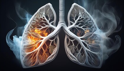 A striking visual of human lungs, showcasing intricate details intertwined with smoke and fire, symbolizing breath and vitality.