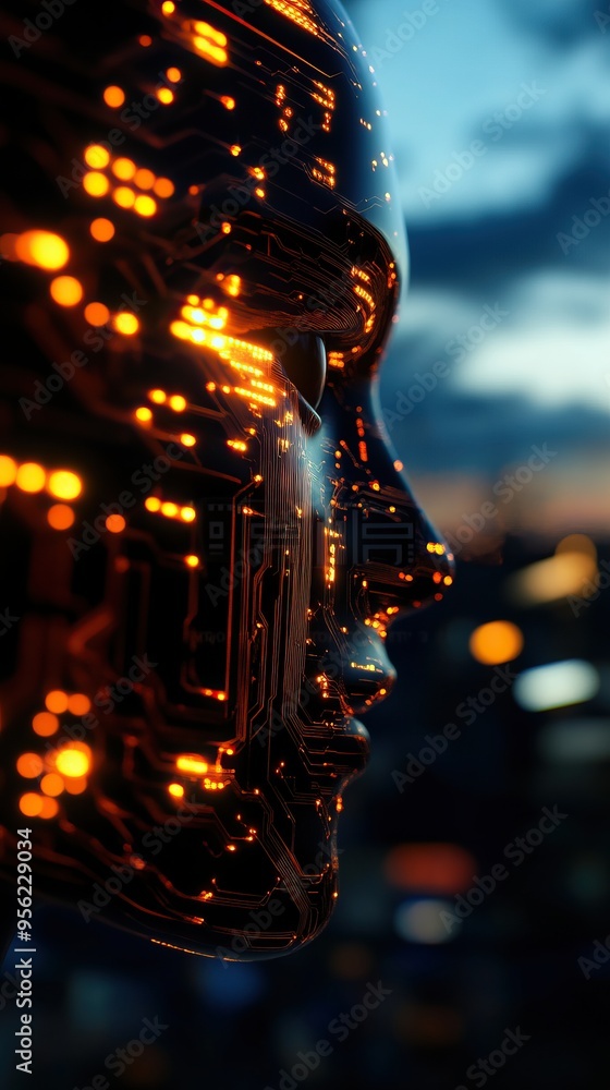 Aufkleber futuristic robotic face illuminated with glowing circuits, reflecting advanced technology and cybern