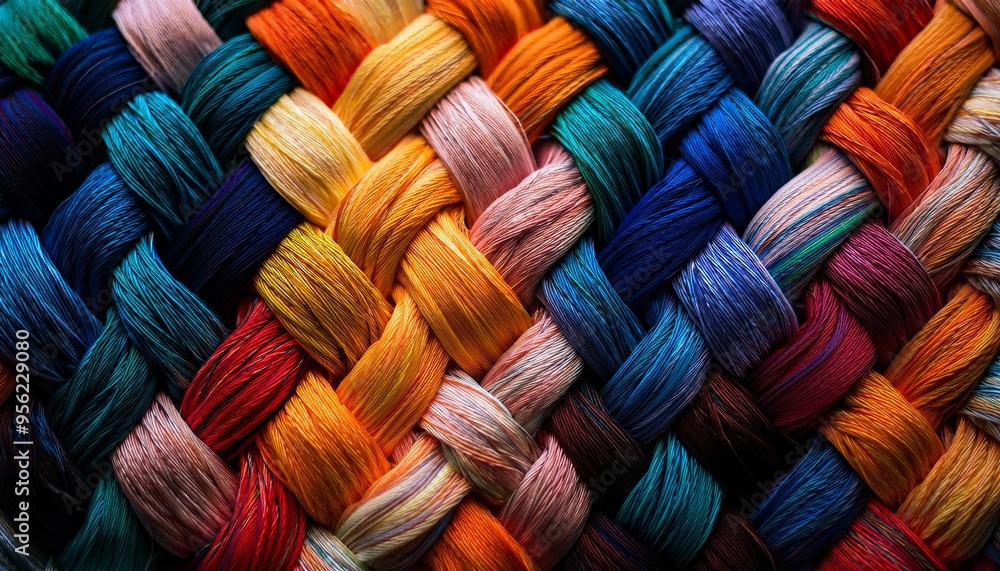 Poster a vibrant array of colorful threads intricately woven together, showcasing a beautiful texture and p