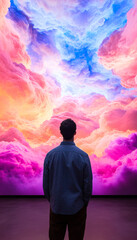 Obraz premium A person stands in awe before a vibrant and colorful cloud mural, immersed in an otherworldly atmosphere of creativity and wonder.