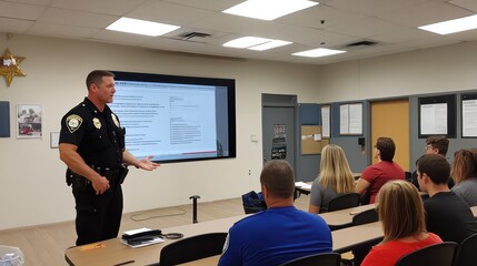 Officers conducting a community safety workshop, educating locals on self-defense and emergency preparedness.