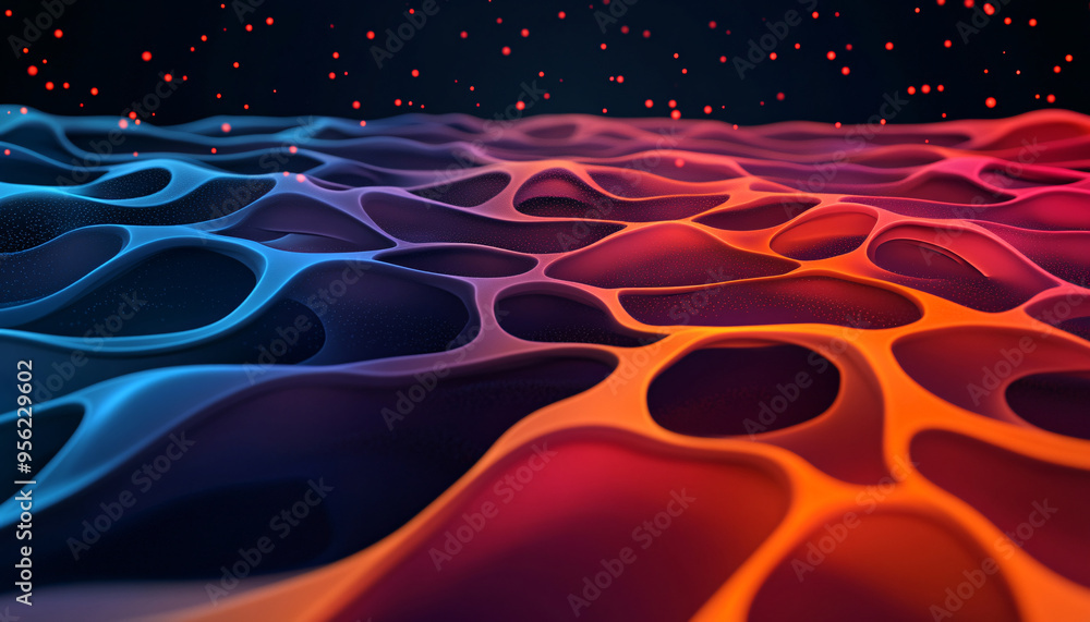 Poster a vibrant abstract landscape featuring flowing patterns in blue, orange, and black, creating a mesme