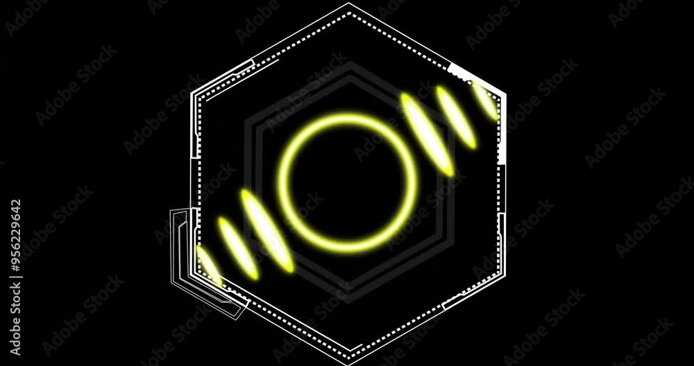 Aufkleber glowing yellow circles and lines animation over hexagonal geometric shapes on black background