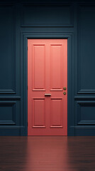 A vibrant coral door stands out against a deep blue wall, creating a striking visual contrast in this modern interior.