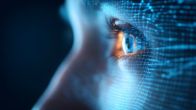 A futuristic biometric facial recognition interface blended with soundwave patterns, double exposure, highlighting AI-driven security with intricate digital overlays