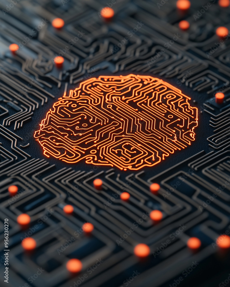 Poster close-up of a futuristic circuit board design featuring an illuminated brain shape, symbolizing tech