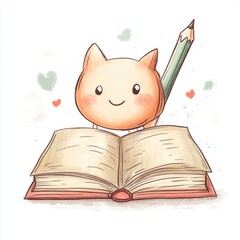 Playful cat character with a pencil sits on an open book, perfect for illustrations about reading and creativity.