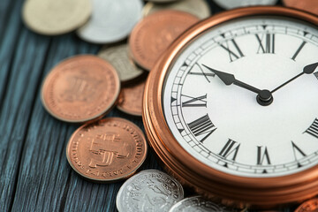 Close-up view of vintage clock placed on a wooden surface, surrounded by various coins symbolizing time and finance.