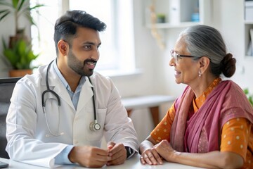 Fototapeta premium Indian Medical Consultation - An Indian doctor and patient engaged in a medical consultation in a clinic. 
