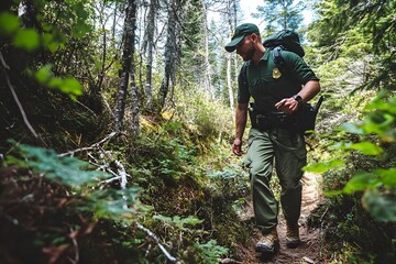 Park Ranger Hiking Through Forest A muscular park ranger in full gear confidently navigating a challenging forest trail, demonstrating physical fitness and commitment to environmental protection