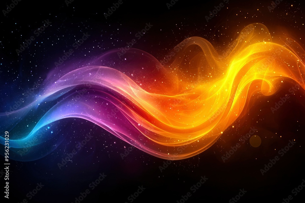 Poster abstract colorful waves with shimmering lights on a black background
