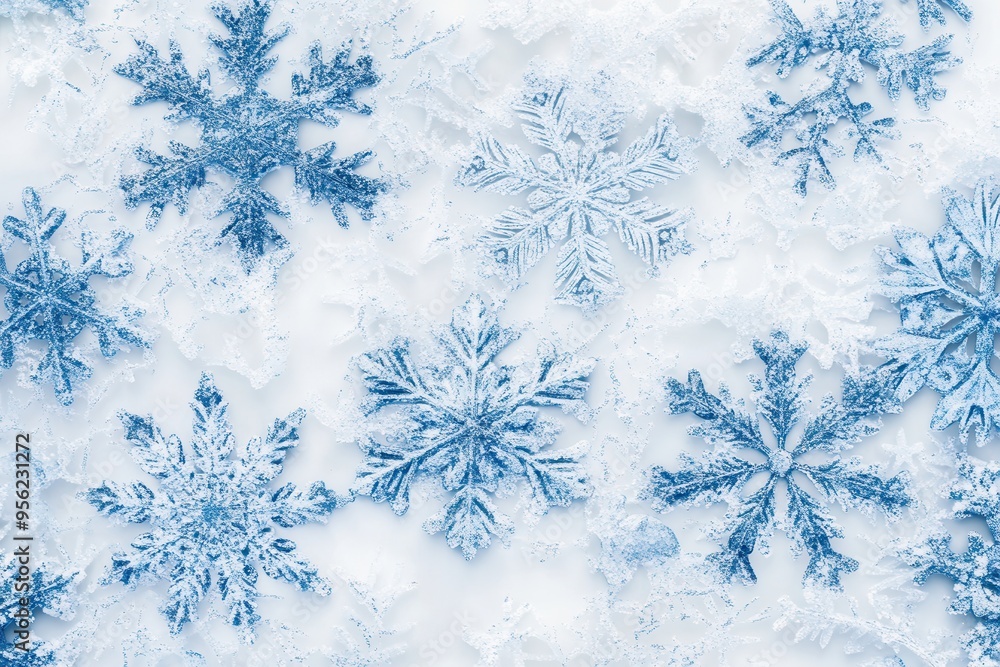 Aufkleber Intricately designed blue snowflakes rest elegantly on a pristine white surface, adding a touch of winter magic and elegance. Generative AI