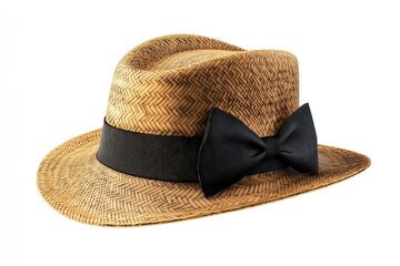 Straw hat with black ribbon for head protection.