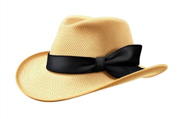 Straw hat with black ribbon for head protection.