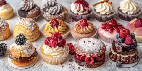 A variety of sweet desserts with different fillings on a white background, highlighting the delicious treats with cream and fruits.