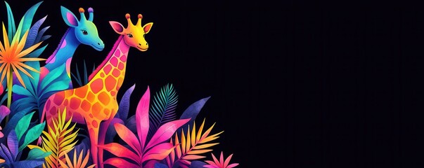 Obraz premium Exotic wildlife, brightly colored animals in dark forest, Watercolor style