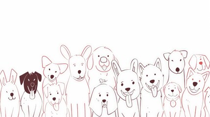 Obraz premium A minimalistic line art of a group of happy dogs of various breeds, each drawn with simple strokes and joyful expressions, on a white background.