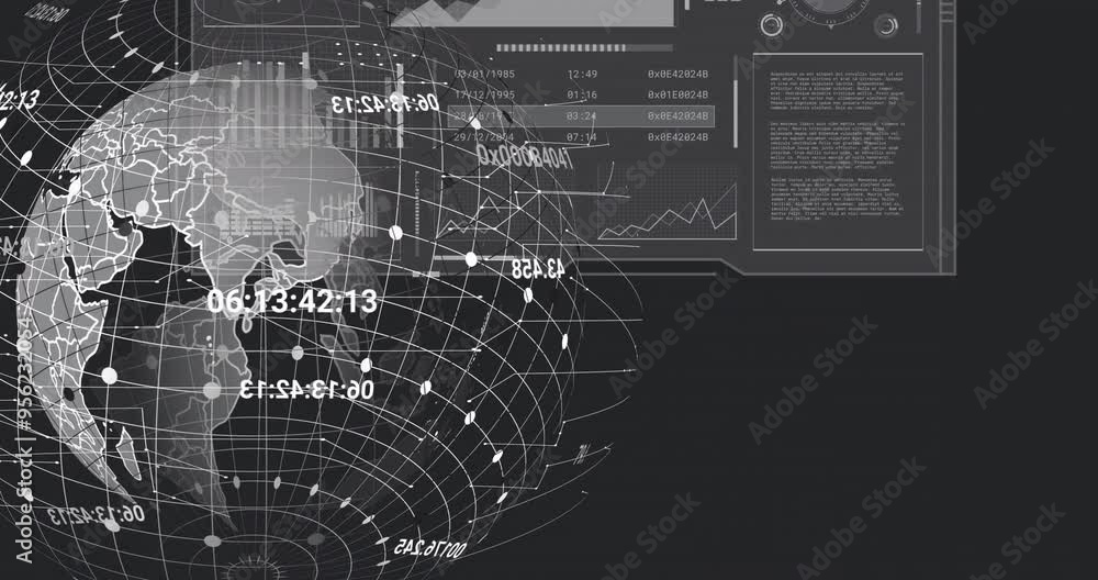 Poster digital world map and data processing animation over globe and charts