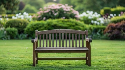 Tranquil Wooden Bench Amidst a Vibrant Flower-Filled Meadow, inviting relaxation in a serene natural setting, surrounded by lush greenery and colorful blooms.
