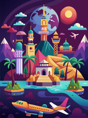 Obraz premium A Vibrant Illustration of a Cityscape with Mosques, Palm Trees, and Airplanes