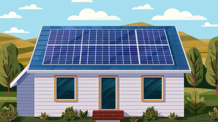 Fototapeta premium Rooftop Solar Power, a vibrant flat design illustration showcasing the benefits of clean energy generation through solar panel installations on urban rooftops