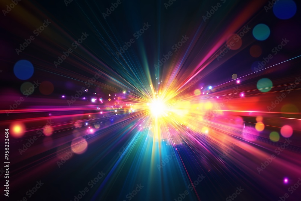 Sticker Colorful light rays radiate from a bright center, creating a stunning visual explosion in a dark background at night