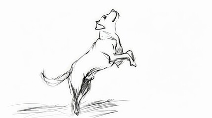 Fototapeta premium A minimalistic sketch of a dog with a wagging tail and a jumping pose, captured in a simplistic black ink line on a stark white background.