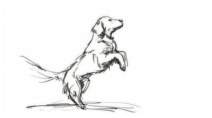 A minimalistic sketch of a dog with a wagging tail and a jumping pose, captured in a simplistic black ink line on a stark white background.