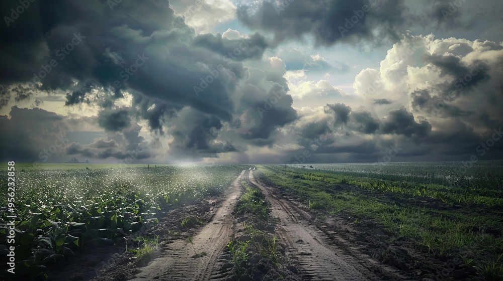 Poster a road with a field in the background and a stormy sky