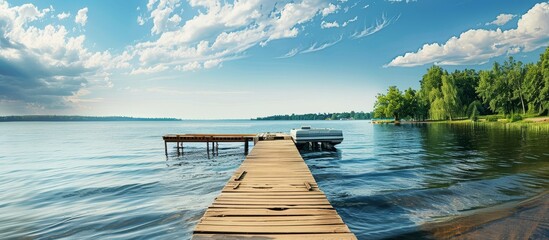 Capture the essence of summer with this stunning image of a pontoon pier on a sparkling lake, providing ample space for your text or logo.