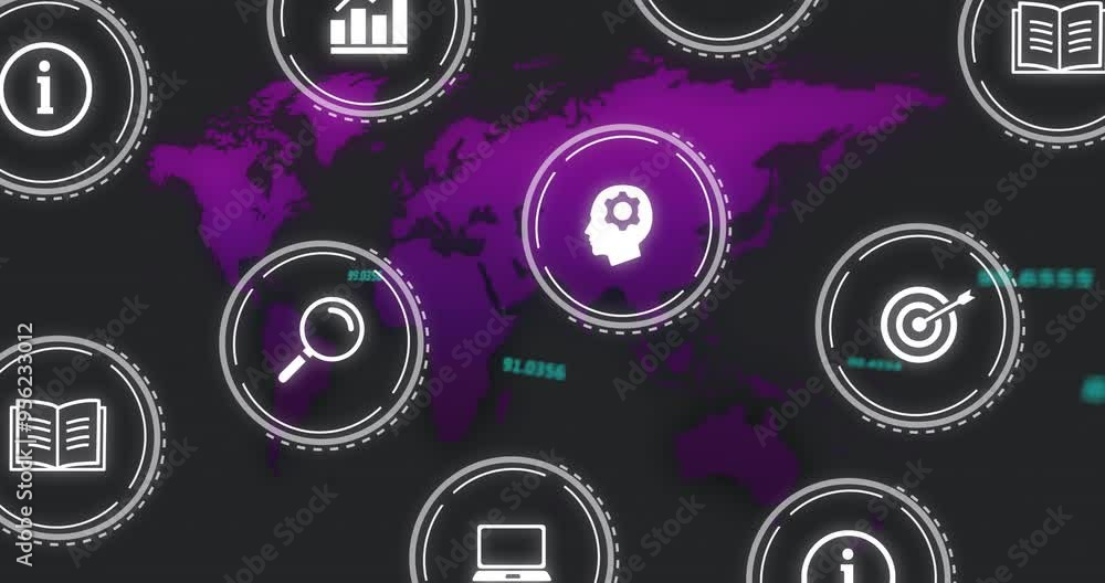 Poster business icons and data processing animation over world map