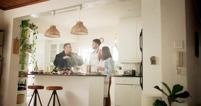 Chef, people and private cooking class in kitchen for learning, culinary skill development and teaching. Professional, couple and hot food in home for advice, nutritional guide and cuisine education