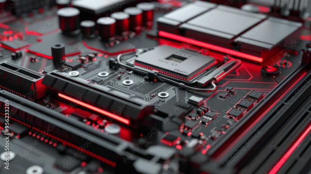 Poster A computer motherboard with a red glowing processor