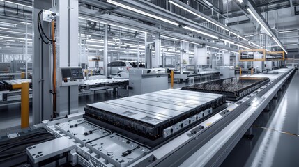 A modern assembly line where battery cells for electric vehicles are being cooled and conditioned post-assembly, featuring state-of-the-art cooling systems.