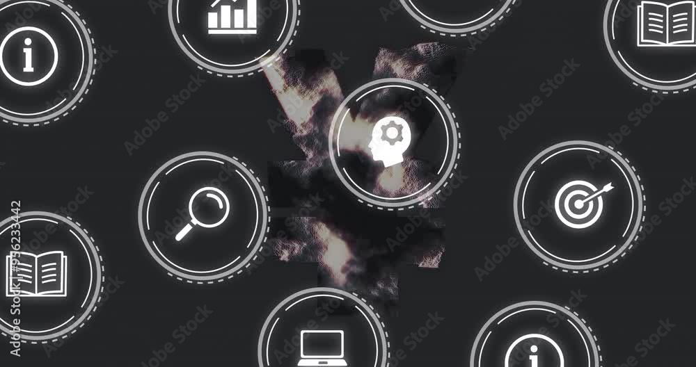 Poster business icons and data analysis animation over abstract background