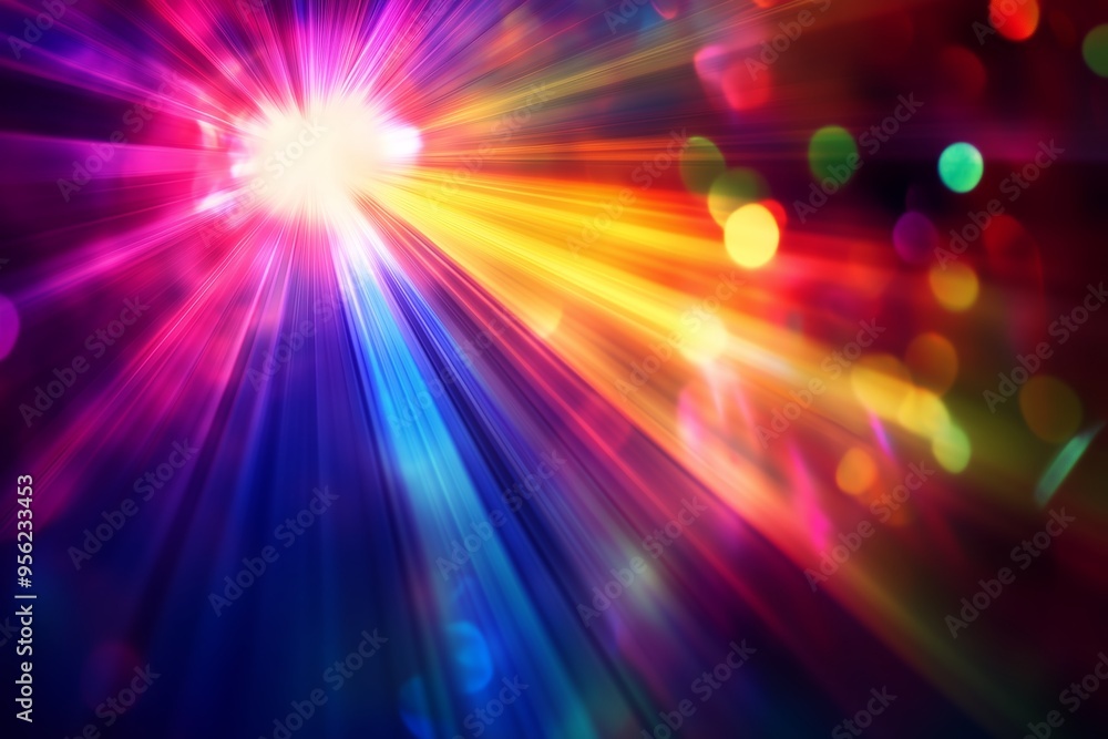 Poster vibrant colorful light rays radiate through a dark background creating an abstract display of lumino