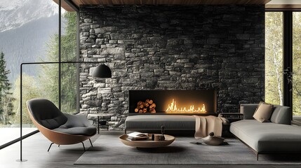 Sofa and chair by fireplace in wild stone cladding wall. Mid-century home interior design of modern living room