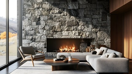 Sofa and chair by fireplace in wild stone cladding wall. Mid-century home interior design of modern living room